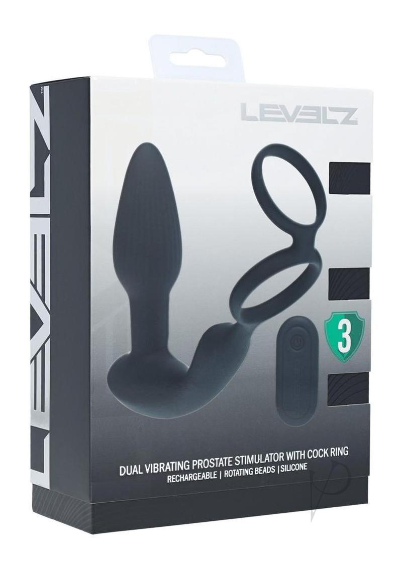 Levelz Dual Vibrating Rechargeable Silicone Prostate Stimulator with Rotating Beads Cock & Balls Rings with Remote Control - Black