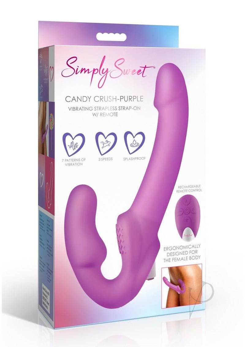 Simply Sweet Candy Crush Vibrating Rechargeable Silicone Strapless Strap-On with Remote - Purple