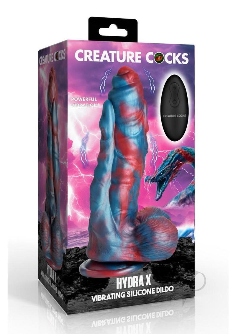 Creature Cocks Hydra X Vibrating Rechargeable Silicone Dildo with Remote - Blue/Red